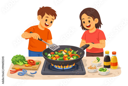 Young caucasian kids cooking together with fresh vegetables on gas stove.