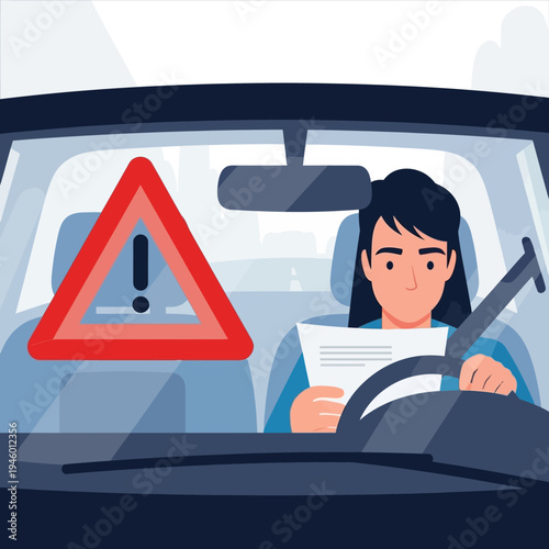 Woman driving car with warning sign and document.