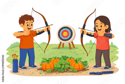 Children practicing archery with bows and arrows in a pumpkin patch.