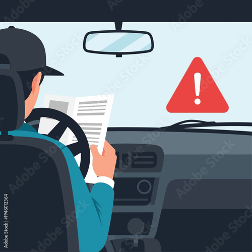 Driver reading document inside car with warning sign.