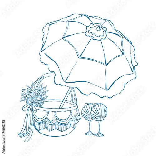 An umbrella, seashell-shaped wine glasses, and a basket. Vintage illustration for a beach party, picnic, or coastal wedding. Blue vector outline.