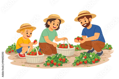 Family harvesting strawberries outdoor activity with parents and child.