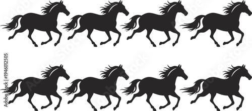 Silhouettes of galloping horses in motion, dynamic animal figures, herd speed illustration, equestrian energy, wild horse artistic concept