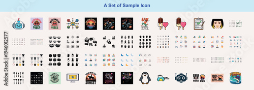 Large mixed icon and illustration collection featuring colorful flat icons, line icons, avatars, business symbols, social media graphics, food icons, animals, technology elements, and typography badge