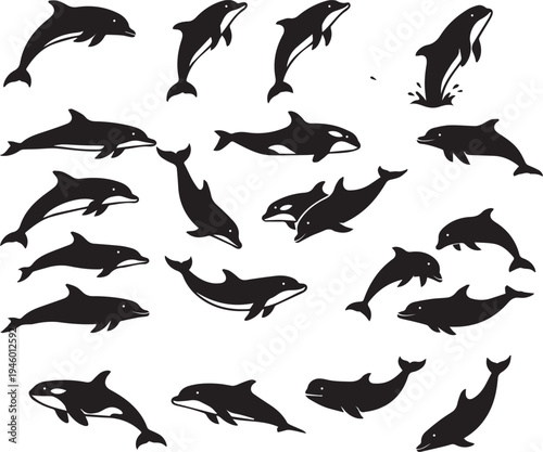 Jumping Ocean Dolphins and Killer Whales Silhouette Collection