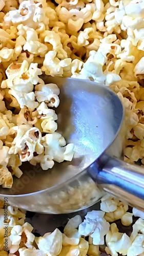 Stainless steel scoop picking up crunchy popcorn, Movie Cinema Entertainment Fast Food, Cereal Grains Food Kernel Party Snack, Slow Motion
