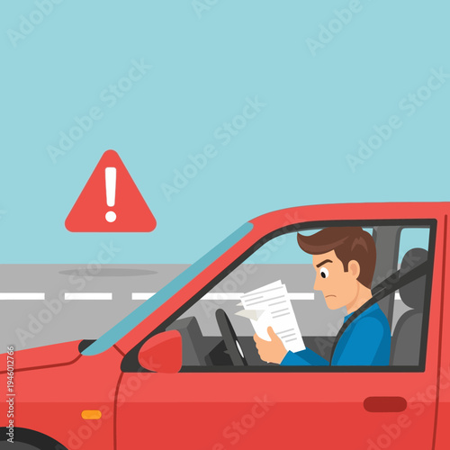 Man reading document while driving car dangerously.