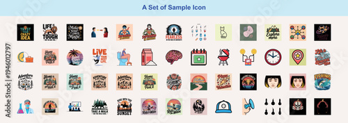 Premium Collection of Minimalist Silhouette Icons and Graphic Illustrations Featuring Adventure Landscapes, Motivational Typography, Retro Sunset Designs, Outdoor Camping Badges, Travel Aesthetics, Wi