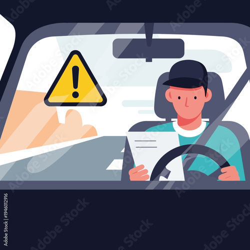 Man driving car reading document with warning sign.