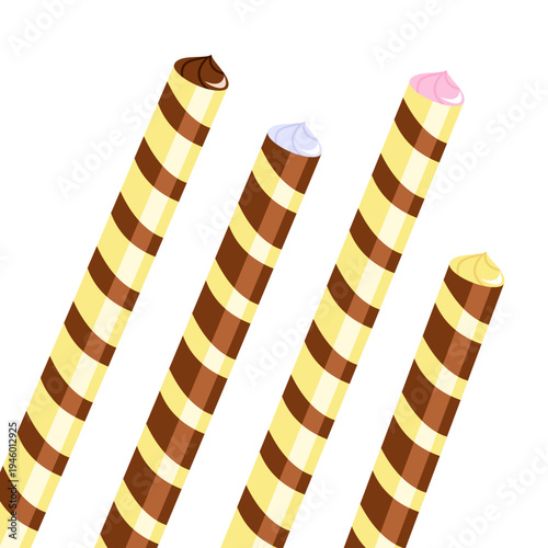 Wafer rolls with creamfilling in different colors for dessert during a fun party in a kitchen