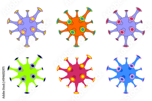 Colorful cartoon virus illustrations with different shapes and features are displayed in a grid layout for educational purposes
