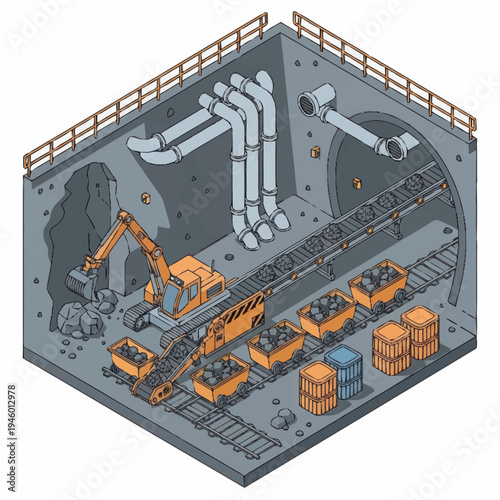 Mining operation with excavator and coal carts on conveyor belt.