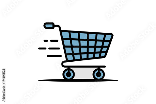 A minimalist vector graphic of a shopping cart speeding along with motion lines