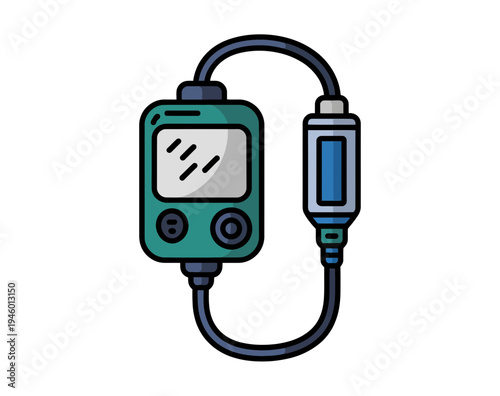A vector graphic illustration of a portable MP3 player with a USB cable