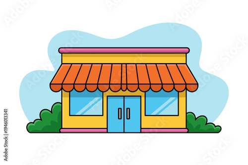A colorful cartoon illustration of a small shop with a yellow facade and orange awning