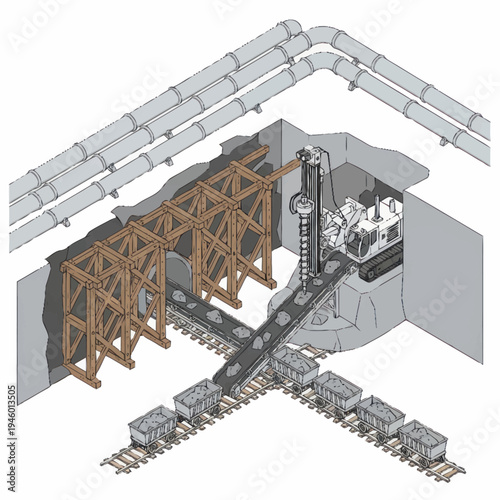 Mining operation with heavy machinery and rail cars.