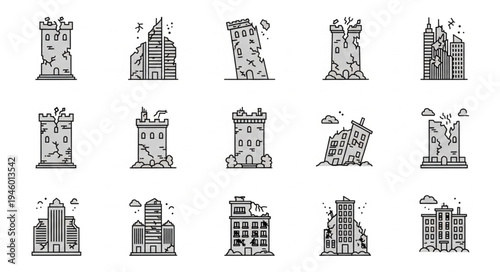 Collection of Damaged Buildings and Urban Ruins in Line Art Style.