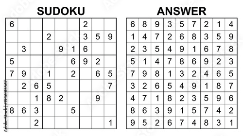 Vector sudoku with answer 55. Educational game with numbers for kids and leisure for adult on white background.	