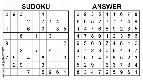Vector sudoku with answer 53. Educational game with numbers for kids and leisure for adult on white background.	