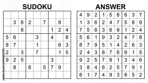 Vector sudoku with answer 52. Educational game with numbers for kids and leisure for adult on white background.	