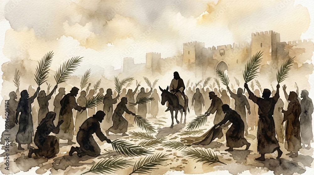 Obraz premium Triumphal Entry of Jesus into Jerusalem Palm Sunday Biblical Art Christian Worship Illustration