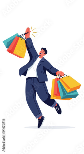 Man Holding Shopping Bags Jumping.