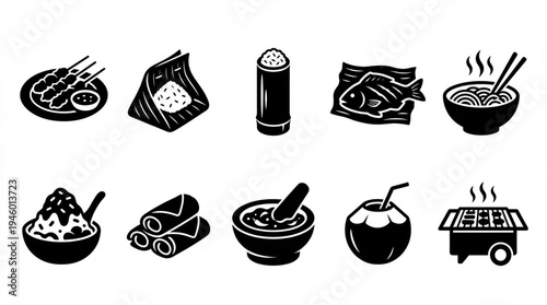 Set of assorted Southeast Asian food and drink icons in a black and white style, featuring various dishes, ingredients, and cooking tools