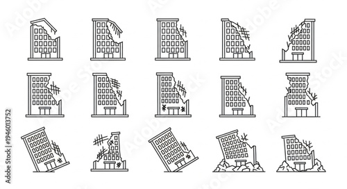 Collection of Ruined Buildings in Line Art Style.