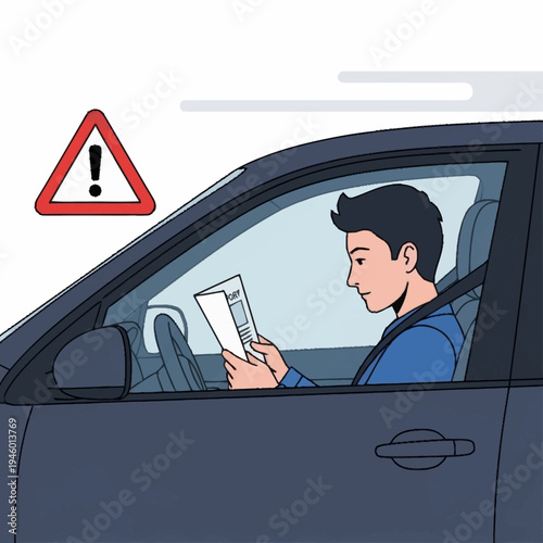 Man reading document while driving car with warning sign.