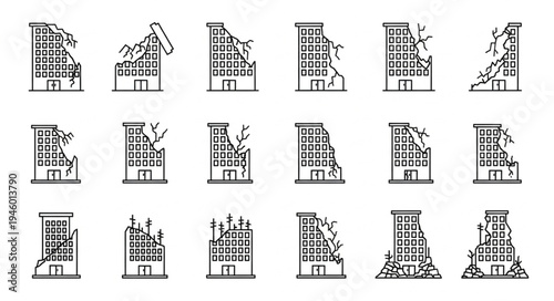 Ruined Buildings Vector Icons - Destruction and Disaster Concept.