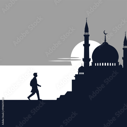 Man walking to mosque at sunset.