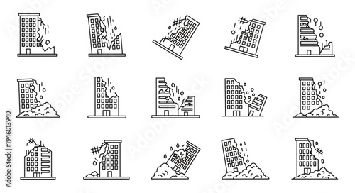Building Collapse Icons - Destruction and Disaster Vector Set.