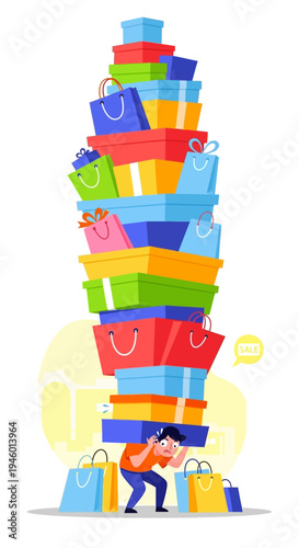 Man with stack of shopping bags.