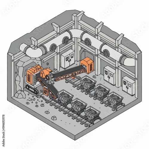Mining machine loading ore into carts in underground mine.
