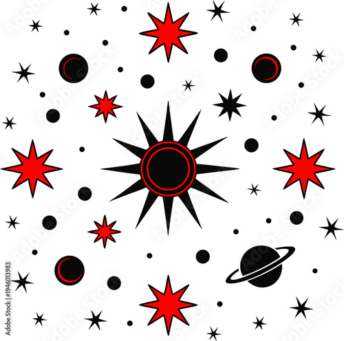 Whimsical cosmic scene featuring stars, planets, and celestial bodies in space