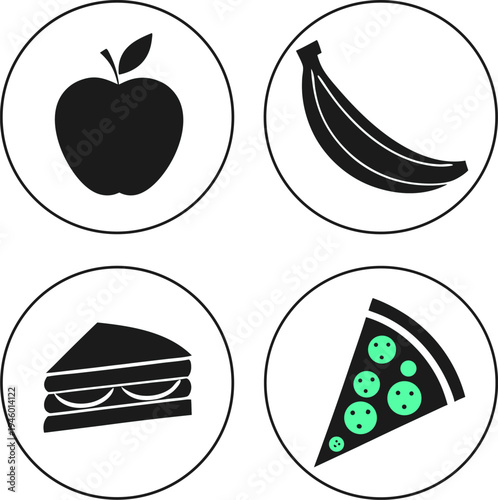 Four common food items represented in simple black and white illustrations