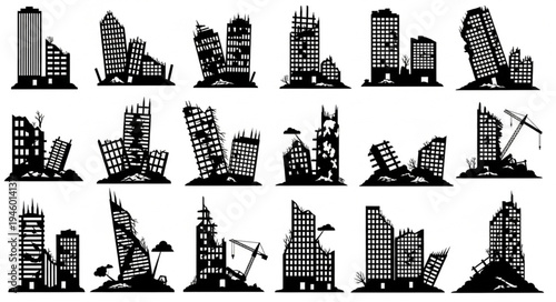 Silhouetted Ruined Buildings - A Post-Apocalyptic Urban Landscape.