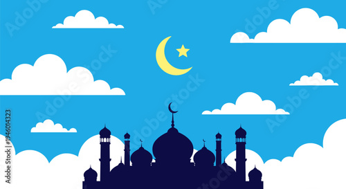 Mosque Silhouette Under Crescent Moon.