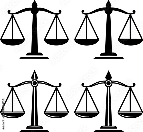Four classic depictions of a balance scale symbolizing justice and equilibrium