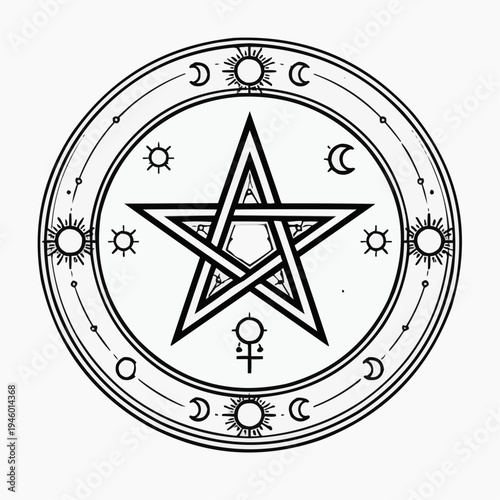 Circular pentagram symbol with sun moon and mystical celestial icons in sacred geometry line art design isolated on soft gray background for esoteric spiritual branding and occult decor