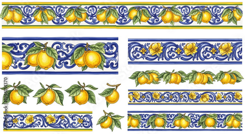 Italian Majolica Ceramic Borders and Mediterranean Fruit Vector Ornaments