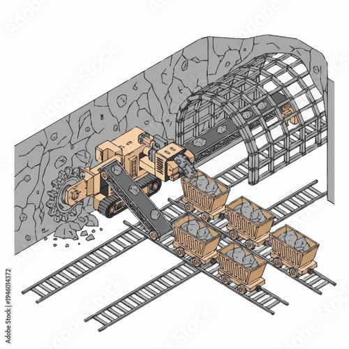Mining machine loading ore into mine carts.