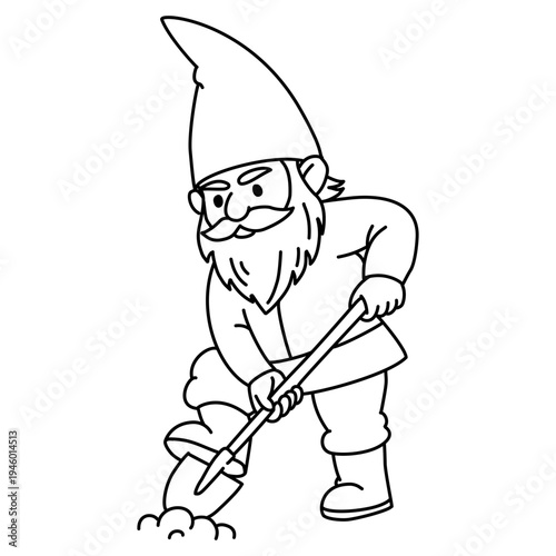Cute garden gnome digging with shovel, vector character illustration