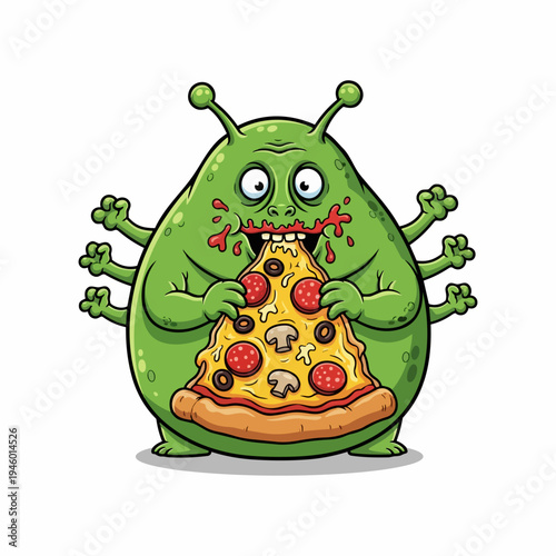 Whimsical cartoon creature with a big appetite happily devouring a giant slice of delicious pizza, celebrating joyful food consumption