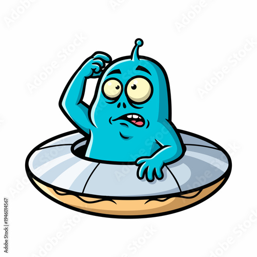 Cartoon blue alien in a UFO looking confused and scratching its head, isolated on white background
