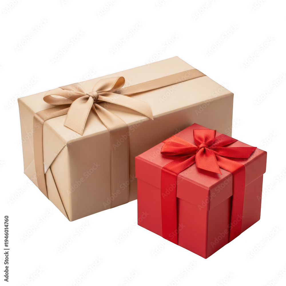 Obraz premium Two beautifully wrapped gift boxes with decorative ribbons on a plain surface png
