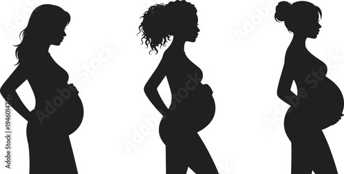 Silhouette of pregnant women in profile view, diverse hairstyles, maternity illustration, maternal health, prenatal care, family planning concept