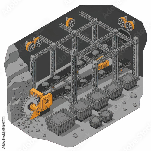 Mining machine excavating rock and loading ore into industrial carts.