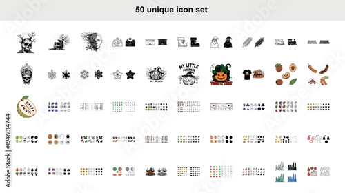 Premium Artistic Master Collection Featuring 50 Unique Icon Sets and High-Definition Graphic Illustrations including Intricate Skull Art with Surreal Tree Roots and Bursting Particles, Winter-Themed E