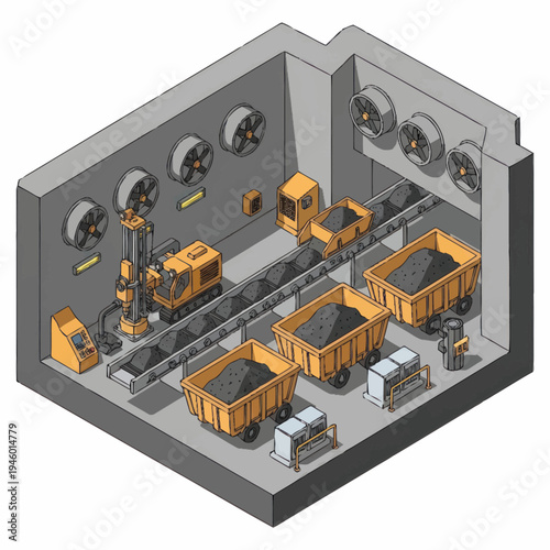 Industrial Mining Operation with Conveyor Belt and Trucks.